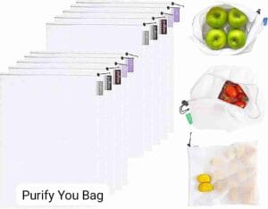 purifyou Reusable Mesh Produce Bags – Best heavy duty extra large optionWhat they are: Extra large polyester mesh produce bags with double stitched seams, drawstring beads, and tare weight tags.Why I like them: Built for bulk shopping, they handle heavy produce loads and large items easily.How they performed: Durability: Thick mesh and reinforced stitching hold up well to repeated use and washing. Ease of use: Smooth drawstring beads and large 12 x 20 inch size make packing quick. Store compatibility: Tare tags and transparent mesh make checkout easy.TrueEcoLiving Tip: Choose extra large bags if you buy produce in bulk.Bottom line: Strong, practical, and ideal for heavy grocery runs.