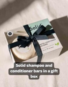Solid shampoo and conditioner bars in a gift box
