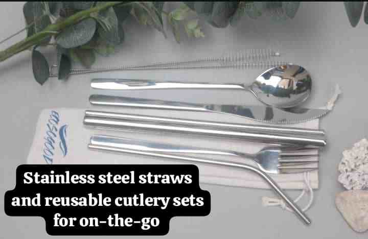 Stainless steel straws and reusable cutlery sets for on-the-go.