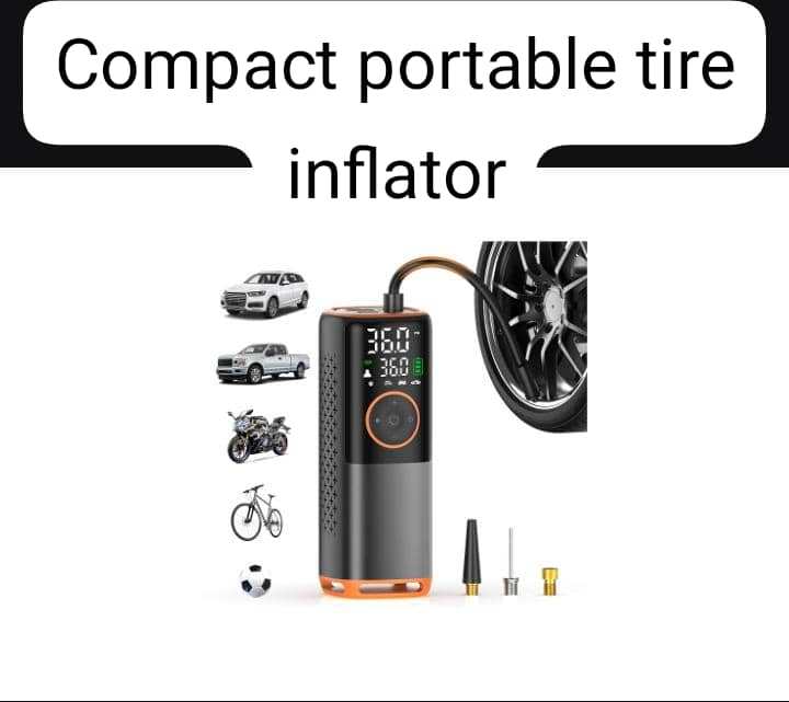 Compact portable tire inflator, 12V or rechargeable