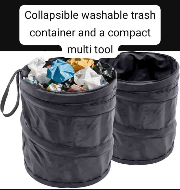 Collapsible washable trash container and a compact multi tool