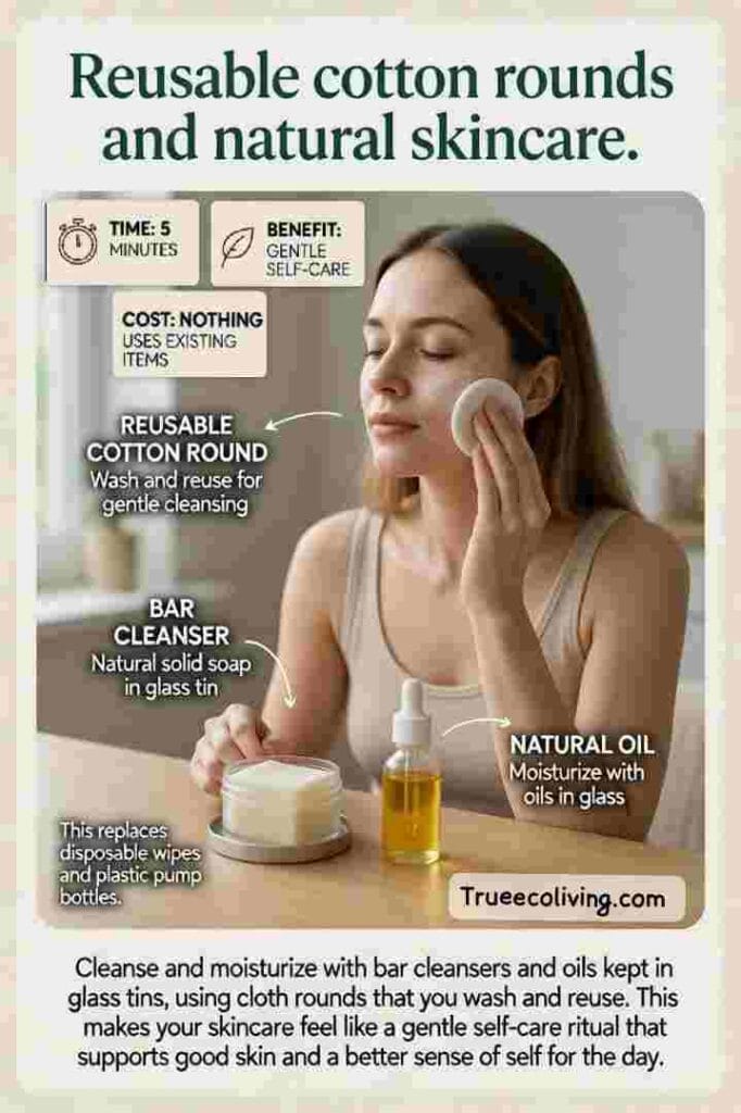 Zero-Waste Morning Rituals: Reusable cotton rounds and natural skincare. 