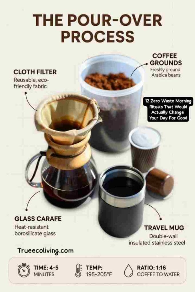 Zero-Waste Morning Rituals: French press or pour over coffee or tea with a reusable filter.