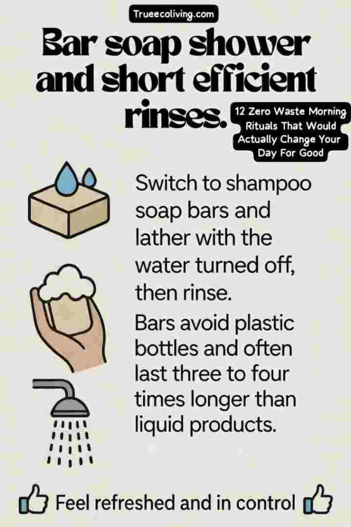 Zero-Waste Morning Rituals - Bar soap shower and short efficient rinses.