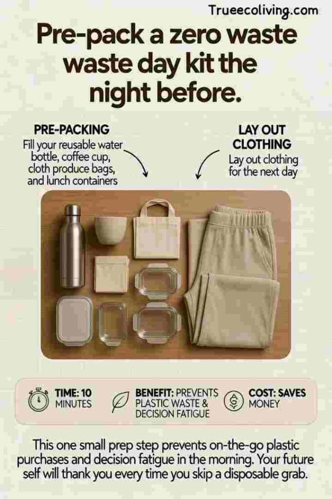 Zero-Waste Morning Rituals: Pre-pack a zero waste day kit the night before.