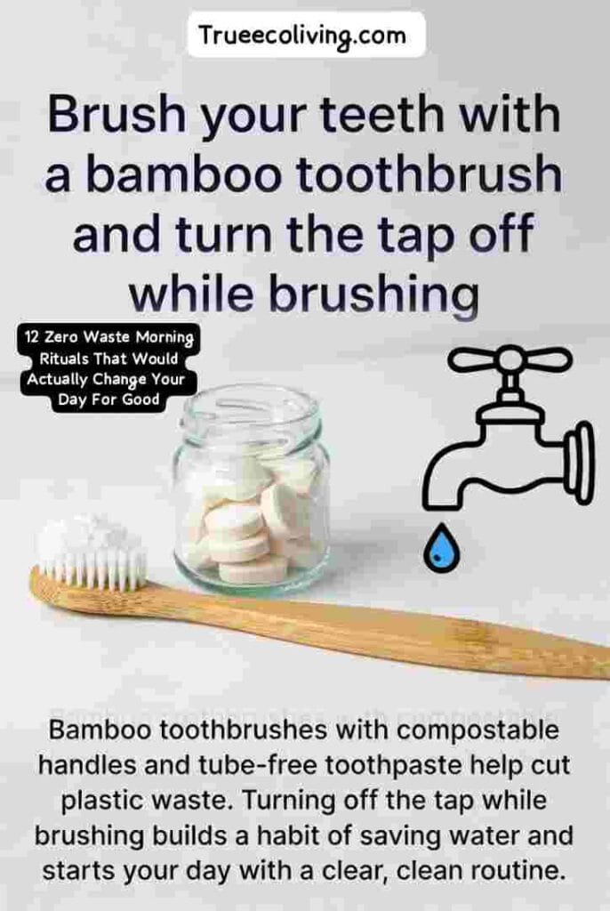 Zero-Waste Morning Rituals: Bamboo toothbrush and tap off brushing.