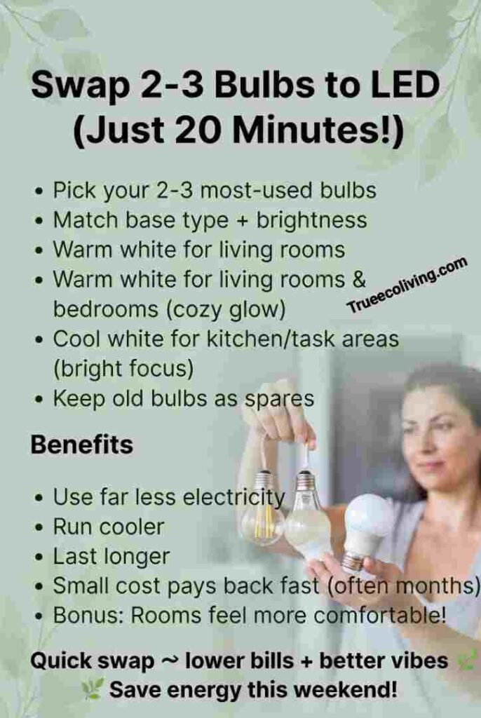 Swap two to three bulbs to LED, 20 minutes