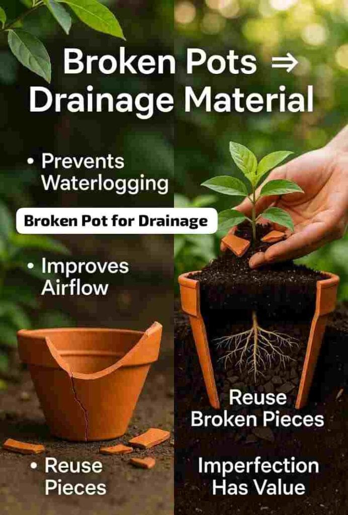 Broken Pots for Drainage