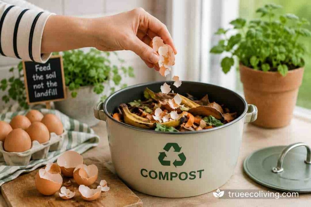 Informational graphic explaining that composted eggshells do not directly fix blossom end rot in tomatoes.