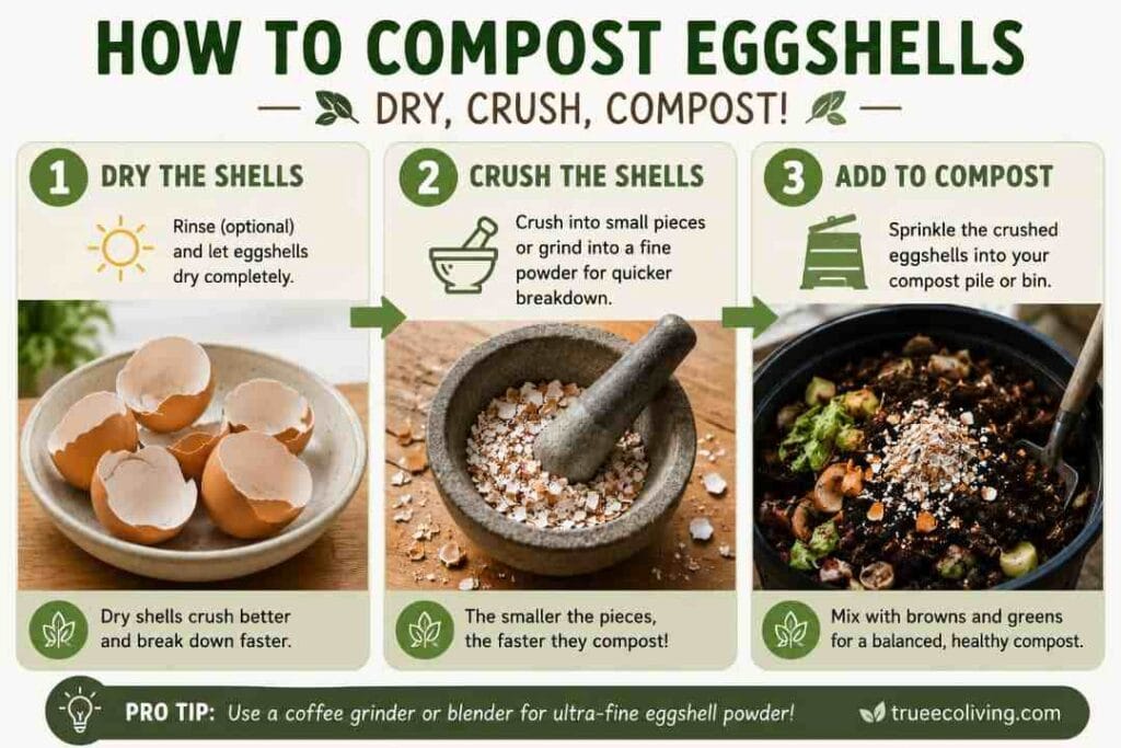 Three step infographic showing how to prepare eggshells for composting.
Watermark: trueecoliving.com