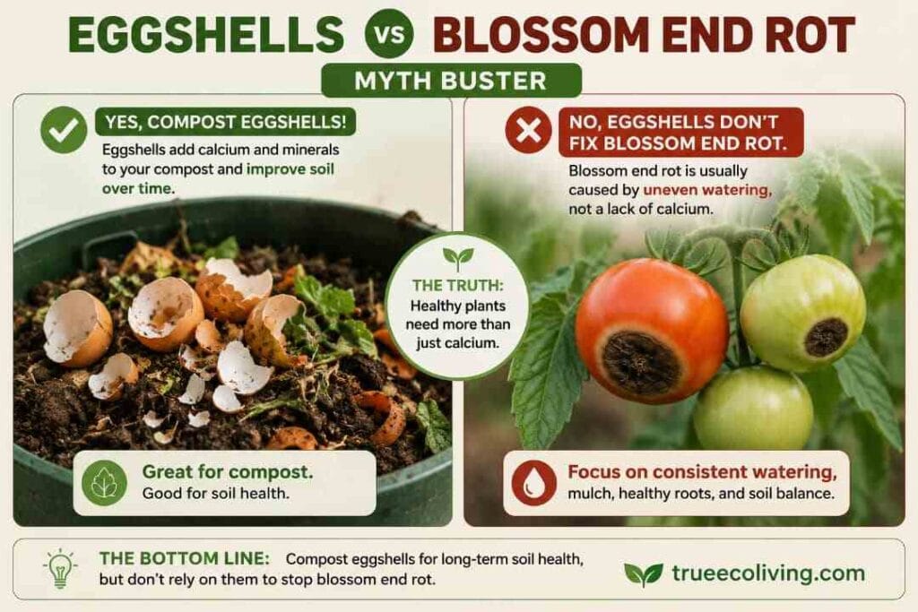 Informational graphic explaining that composted eggshells do not directly fix blossom end rot in tomatoes.