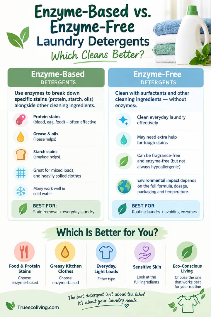 Enzyme-based vs. enzyme-free laundry detergents: discover the key differences, which removes stains best, and the eco-friendly options worth considering.