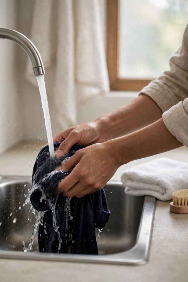 Rinsing a cotton shirt with clean water to remove laundry detergent residue.