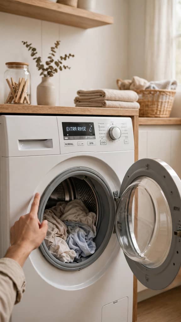 Selecting an extra-rinse cycle on a washing machine to help remove detergent residue.