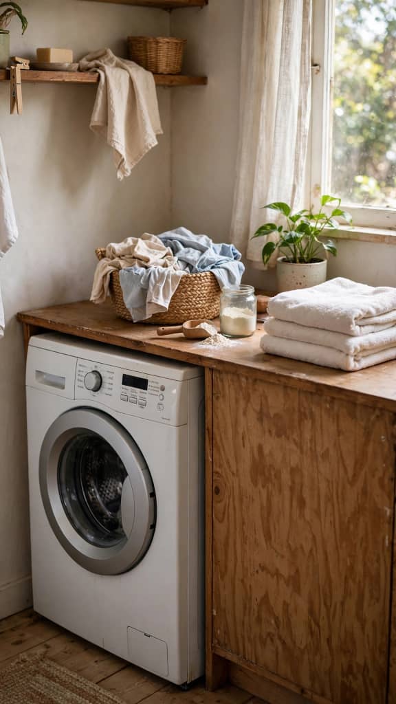 A simple laundry setup with measured detergent, clean towels, and a laundry basket.
