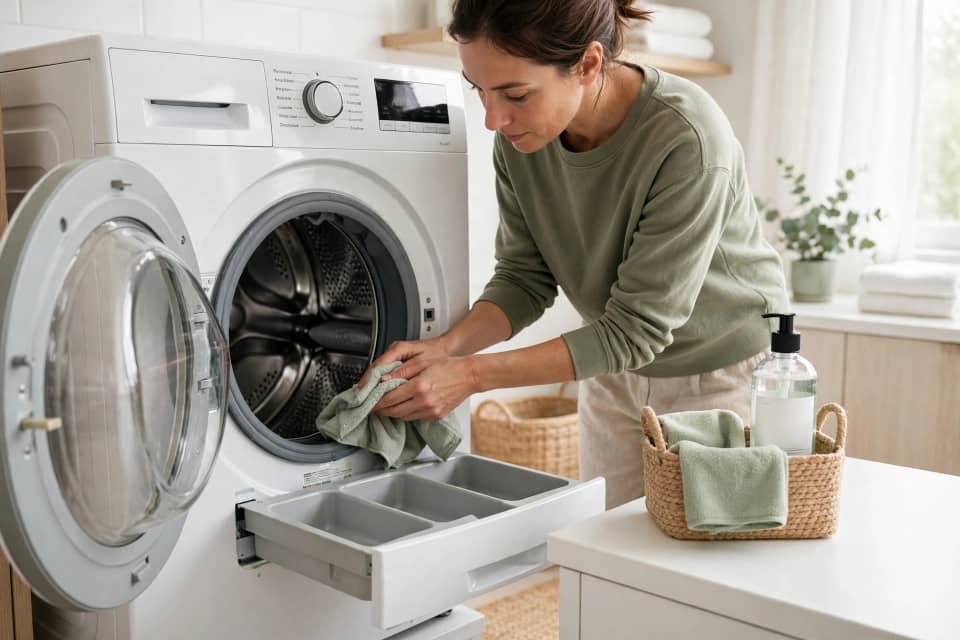 Cleaning the washing machine door seal and detergent drawer to help prevent unpleasant laundry odours.