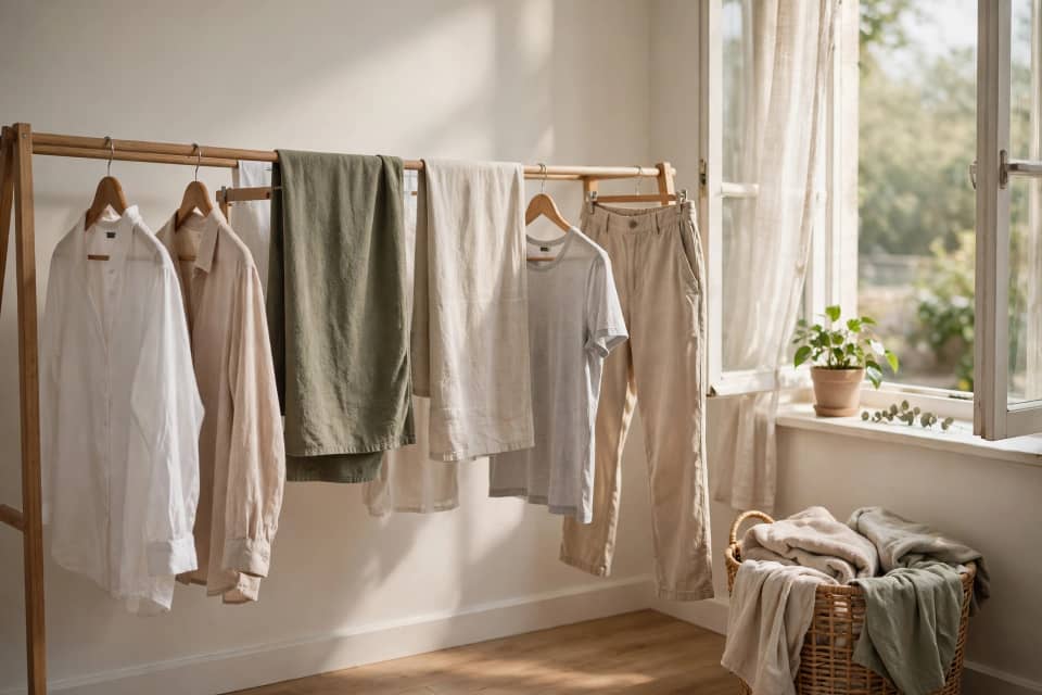 Freshly washed clothes spaced on a drying rack in a well-ventilated room.