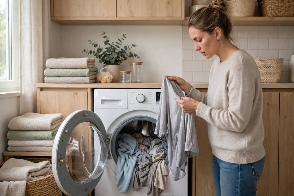 Damp clothes left inside a washing machine after the wash cycle.