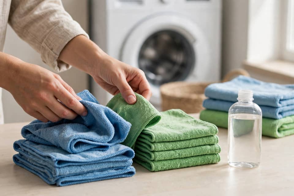 Separating microfiber cleaning cloths and preparing suitable laundry detergent