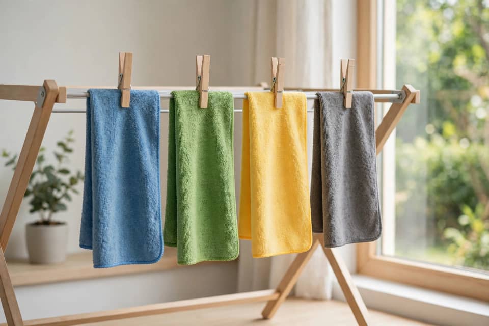 Clean microfiber cleaning cloths air-drying on a rack