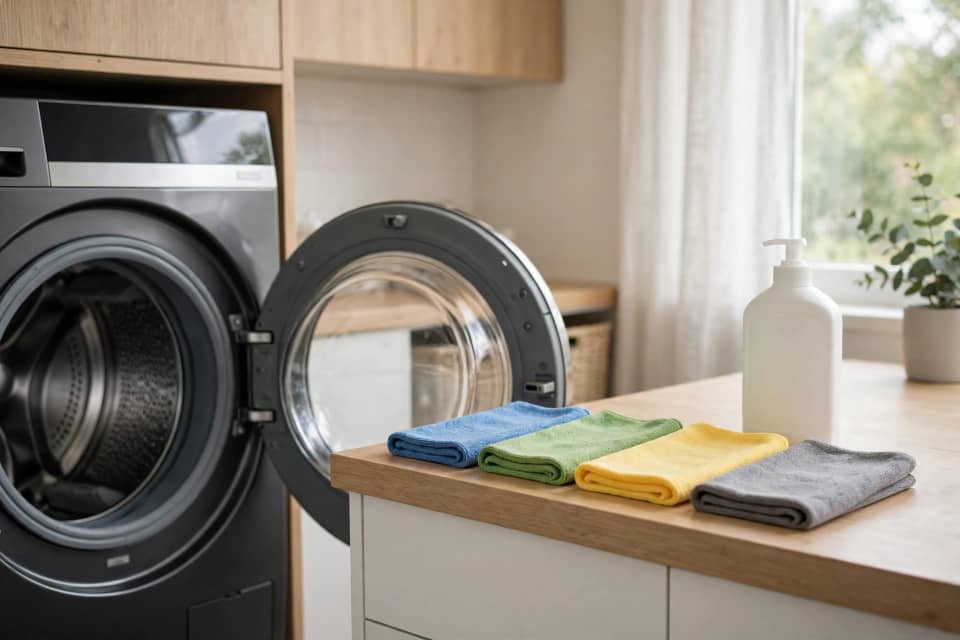 Microfiber cleaning cloths ready for washing without fabric softener