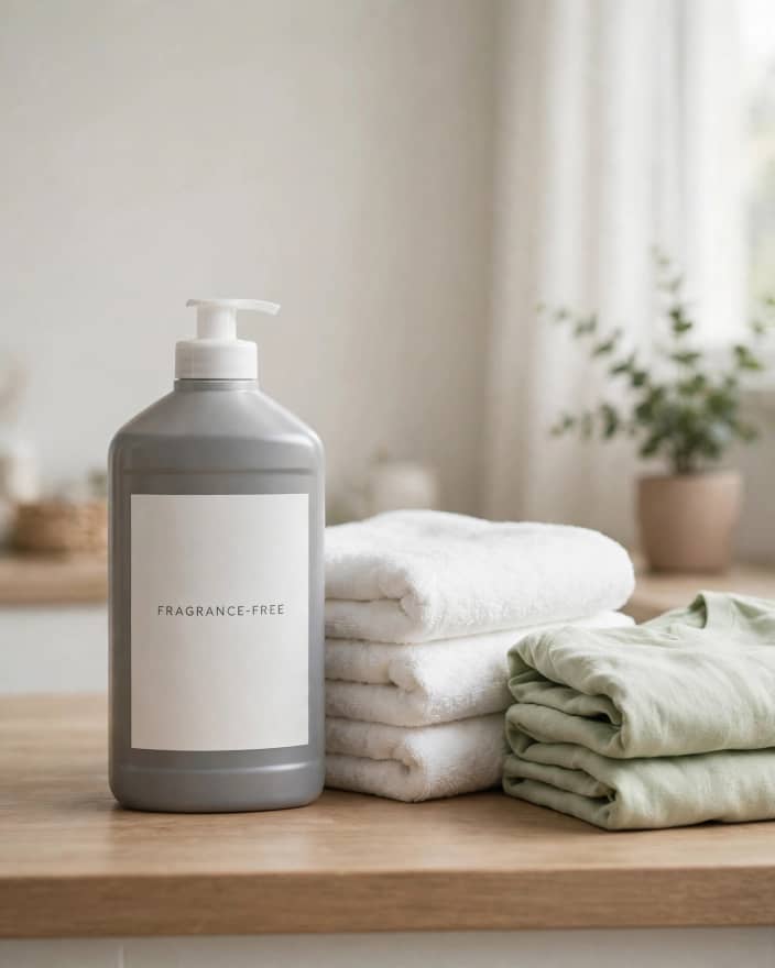 Fragrance-free laundry detergent beside clean towels for washing clothes without added perfume