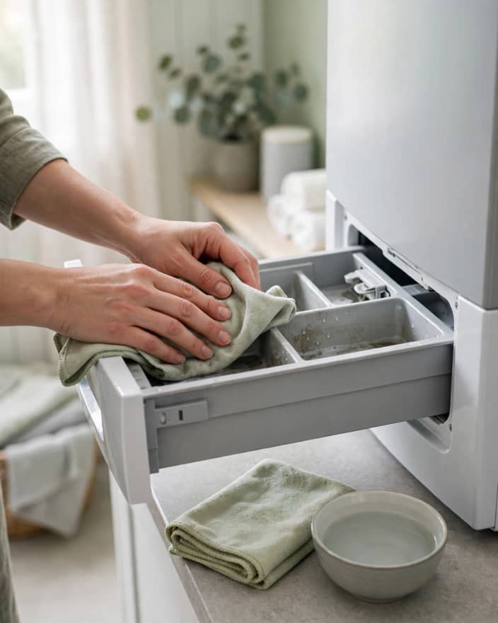 Cleaning a washing machine detergent dispenser to help prevent laundry product residue buildup