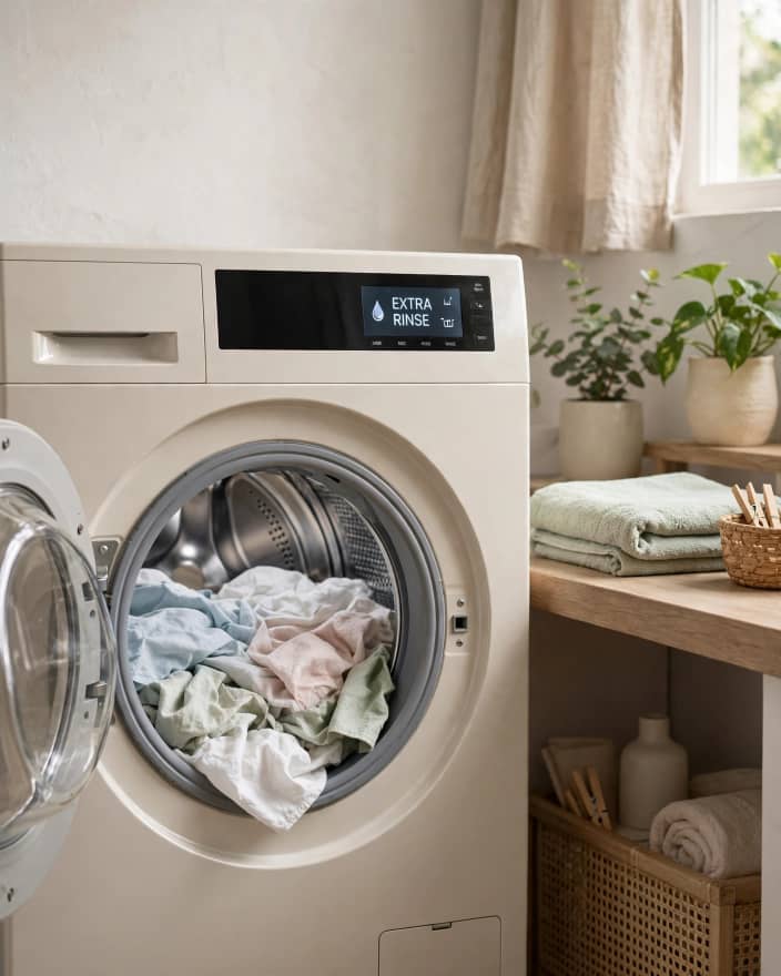 Running an extra rinse cycle to remove lingering laundry detergent fragrance from clothes